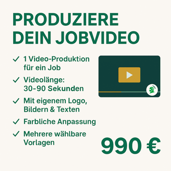 Jobvideo-Produktion für Stellenanzeige – 30–90 Sekunden Video mit Logo, Texten & Bildern – perfekt für Studenten, Azubis & Absolventen.