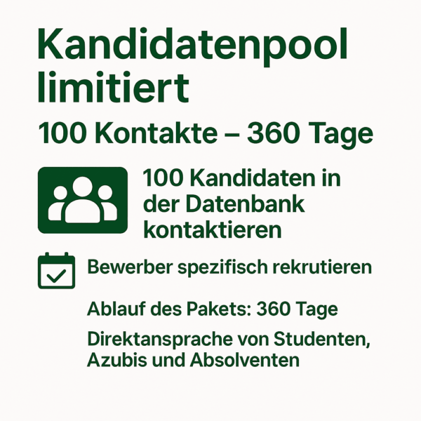 Recruiting-Paket: 100 Kontaktanfragen im Kandidatenpool für Studenten, Azubis & Absolventen – 360 Tage Laufzeit – Direktansprache mit Studentknight.