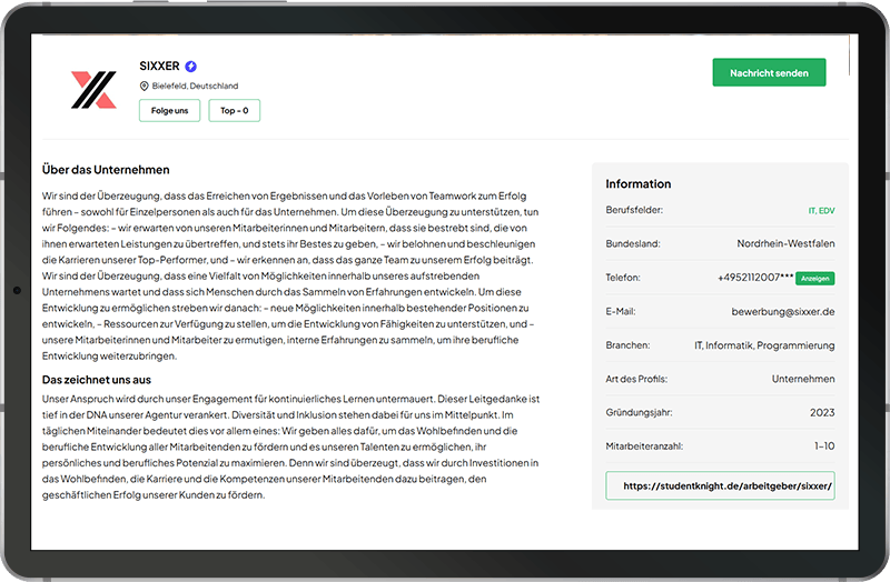 Man kann Arbeitgeber über ihr Profil bei Studentknight direkt kontaktieren.